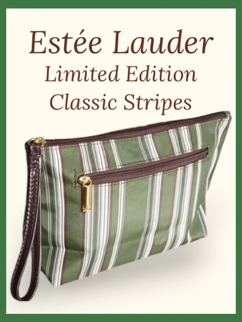 Estée Lauder Cosmetic Bag Makeup Travel Case Green Brown Striped NEW